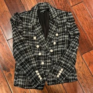 Coco Chanel Style Black and White Tweed Blazer with pearl buttons